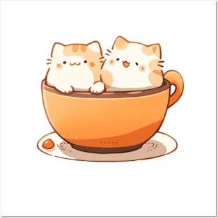 Kawaii cats in hot chocolate cup Posters and Art